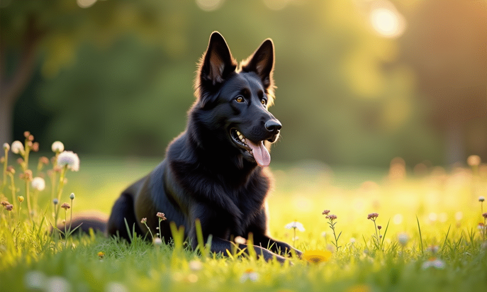 Chien berger allemand noir dans un parc ensoleille