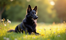 Chien berger allemand noir dans un parc ensoleille