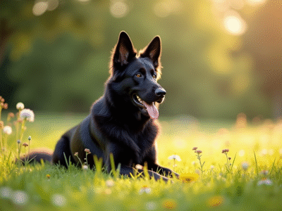 Chien berger allemand noir dans un parc ensoleille