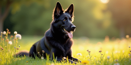 Chien berger allemand noir dans un parc ensoleille