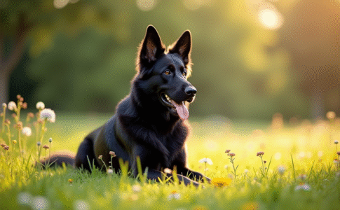 Chien berger allemand noir dans un parc ensoleille