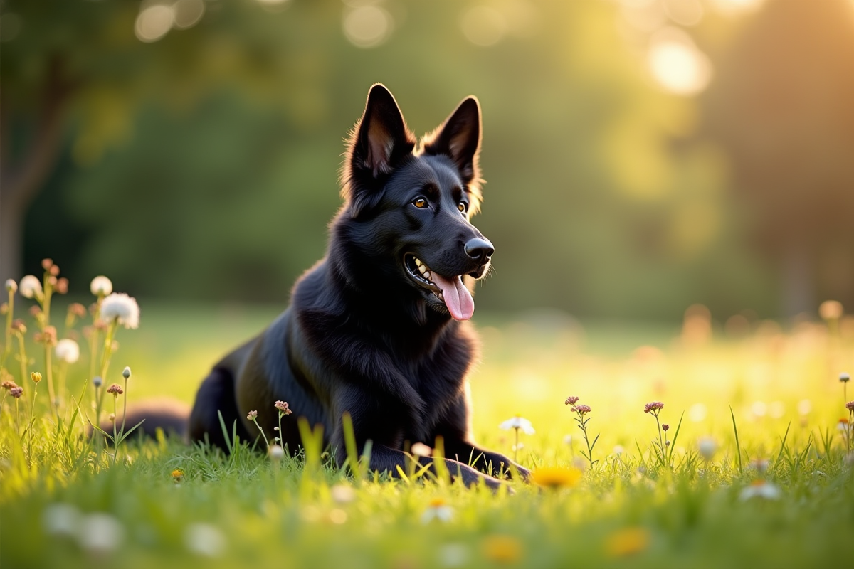 Chien berger allemand noir dans un parc ensoleille