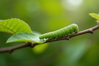 Branche de pommier avec chenille verte sur une feuille