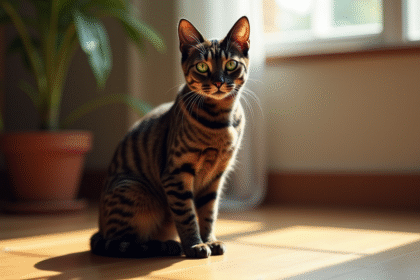 Chat Bengal noir aux yeux verts sur sol en bois ensoleille