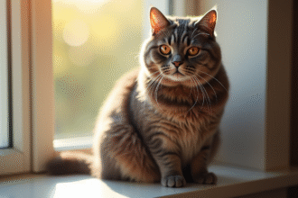 Chat british shorthair brun sur une fenêtre ensoleillée