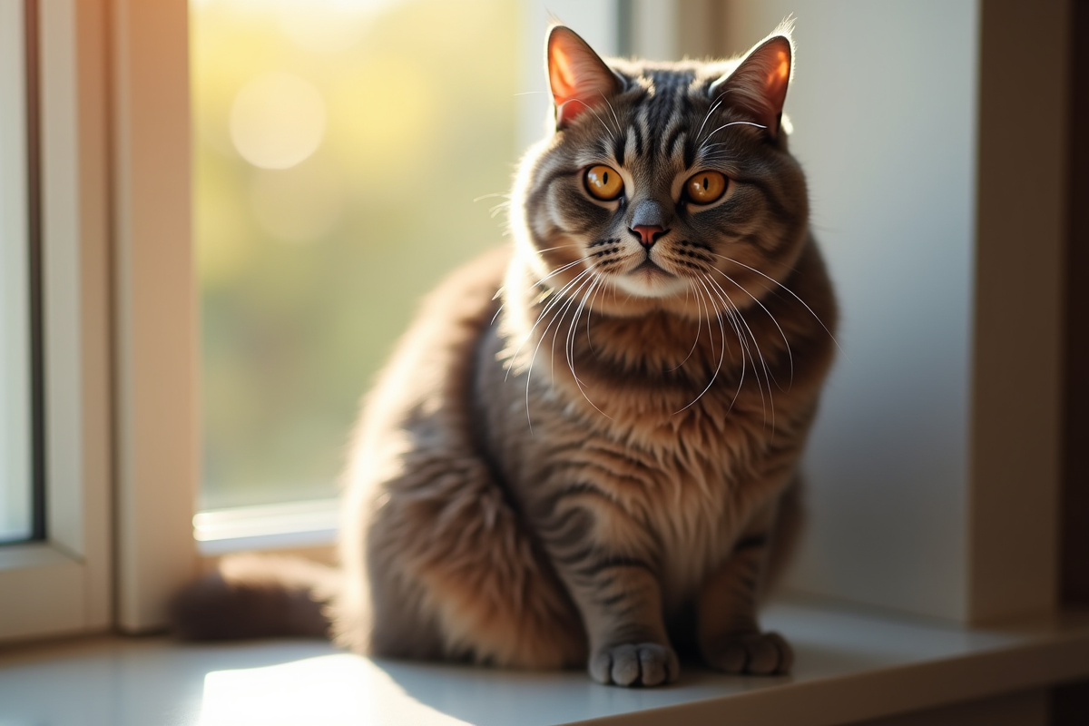 Chat british shorthair brun sur une fenêtre ensoleillée