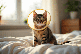 Chat domestique avec collier confortable sur un lit ensoleille