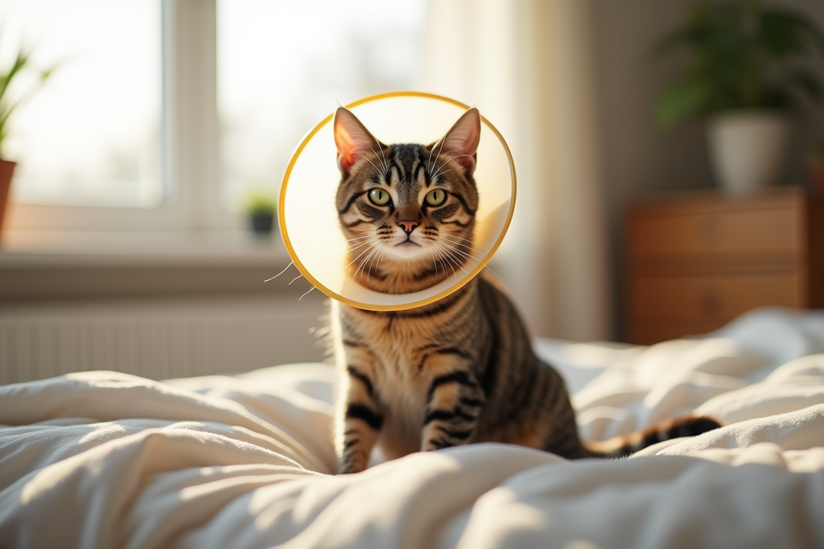 Chat domestique avec collier confortable sur un lit ensoleille