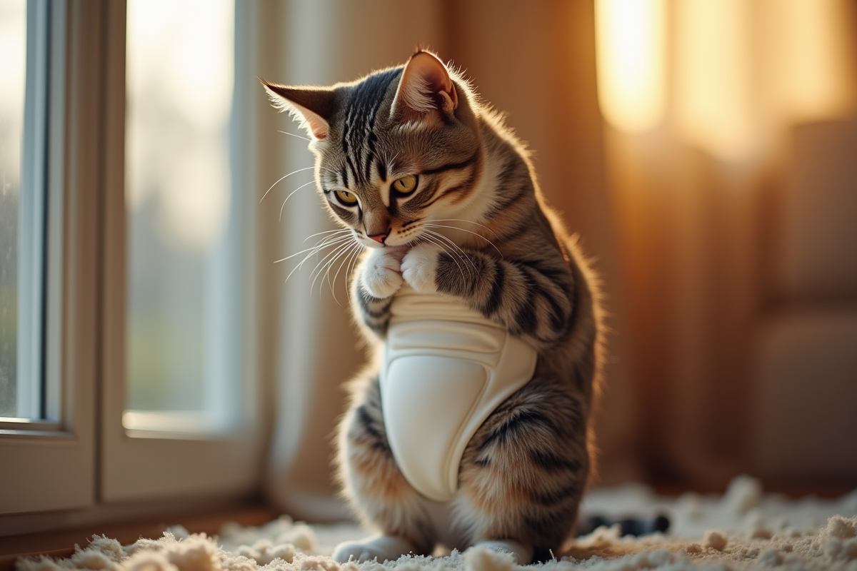 Chat curieux reniflant un bodysuit médical dans la maison