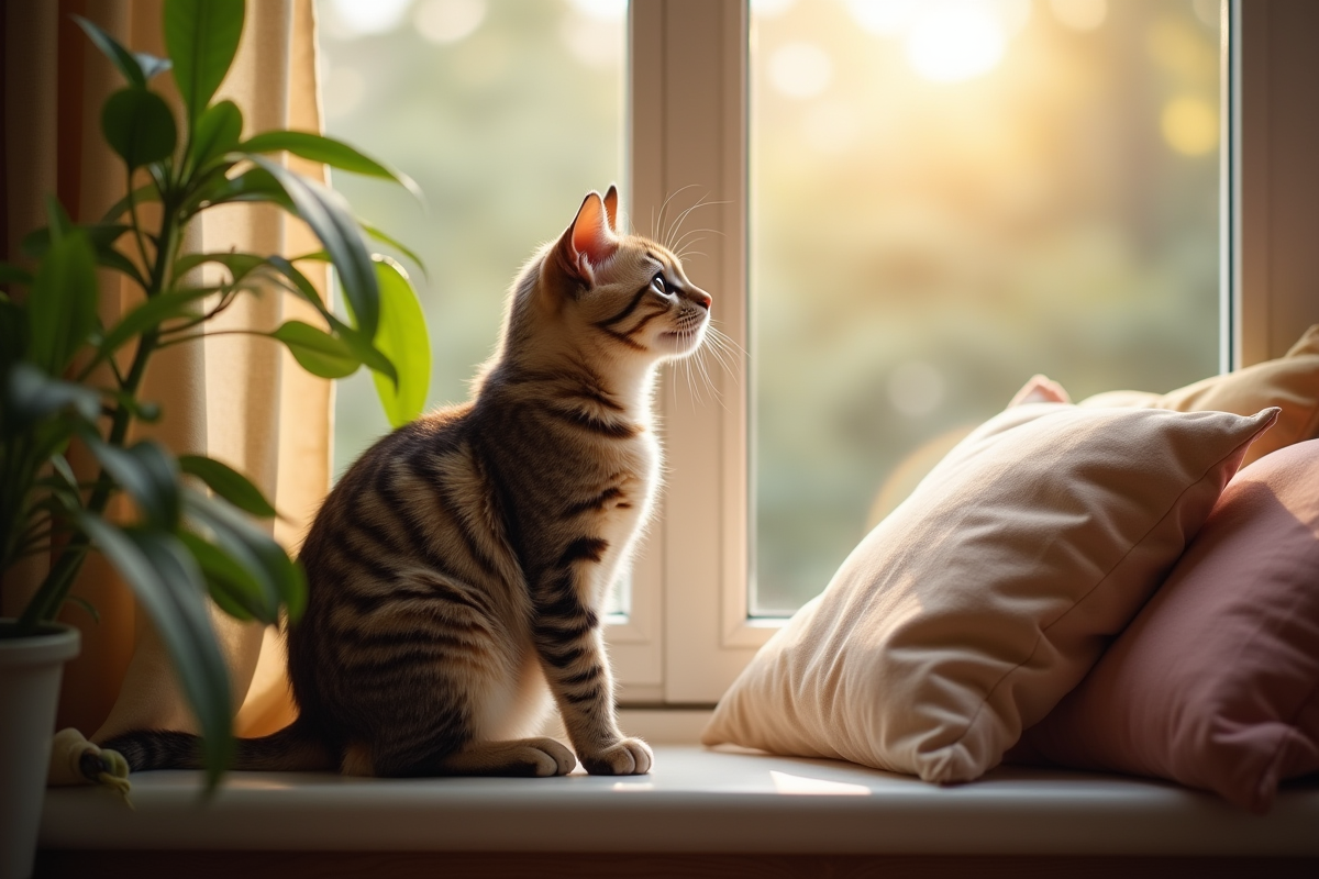 Chat curieux sur un rebord de fenêtre ensoleillé