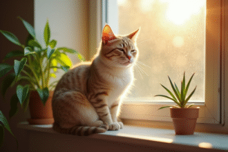 Chat domestique sur une fenetre ensoleillee
