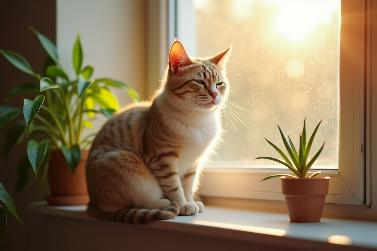 Chat domestique sur une fenetre ensoleillee