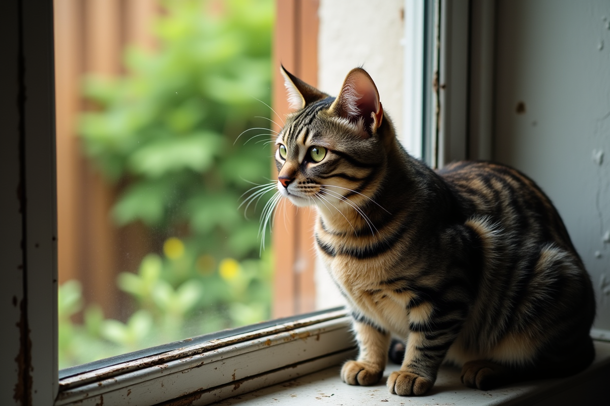 Chat tabby regardant par une fenêtre ouverte