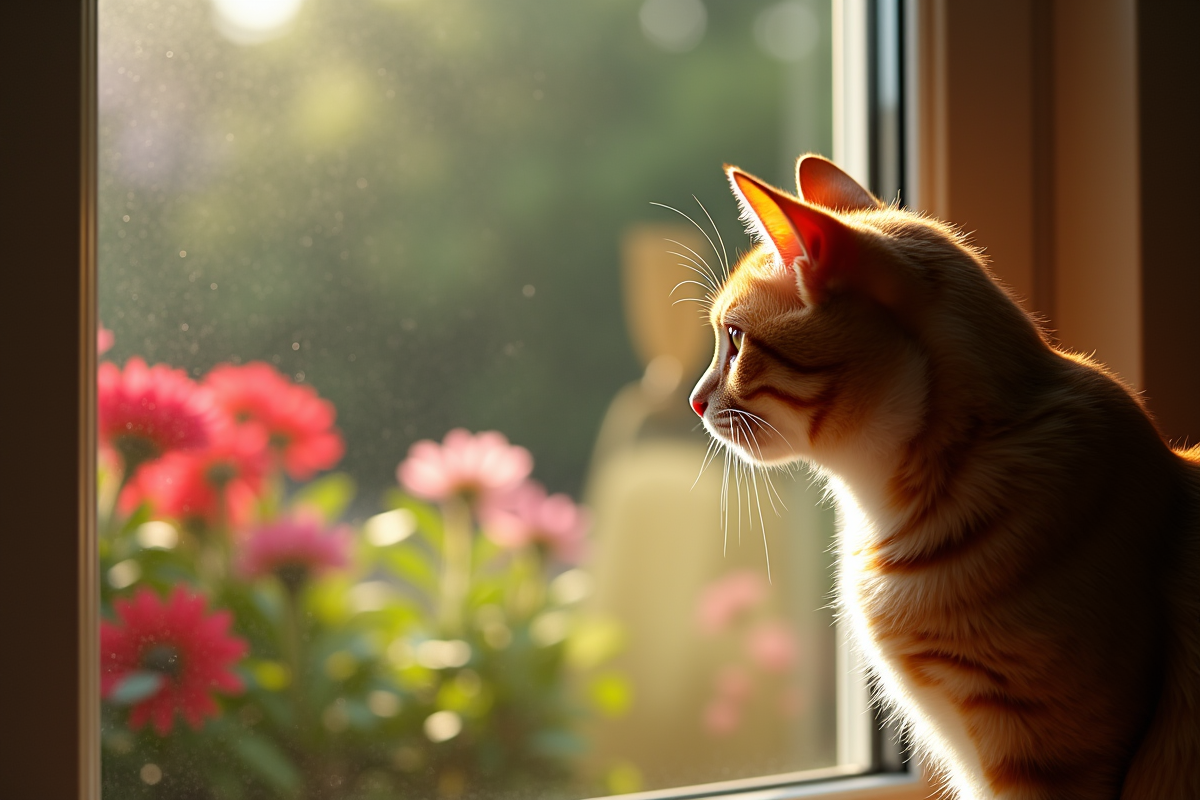 Chat roux regardant dehors par une vitre