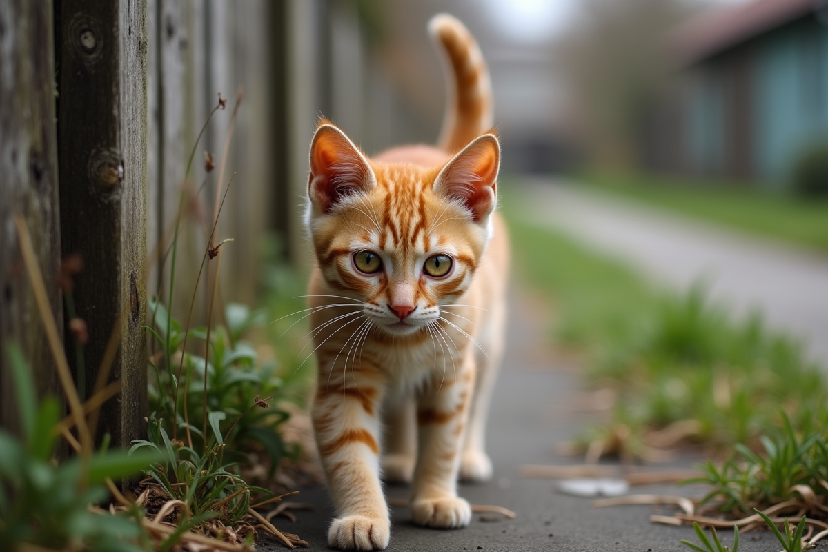 Chat tigré orange marchant le long d