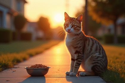 Chat maigre et expressif au coucher de soleil