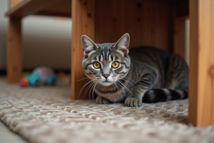 Chat tabby adulte peureux sous une table en intérieur