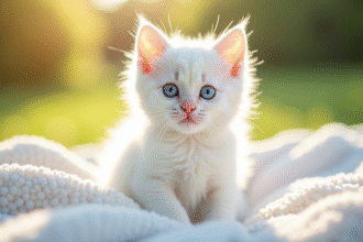 Chaton blanc aux yeux bleus sur une couverture lumineuse