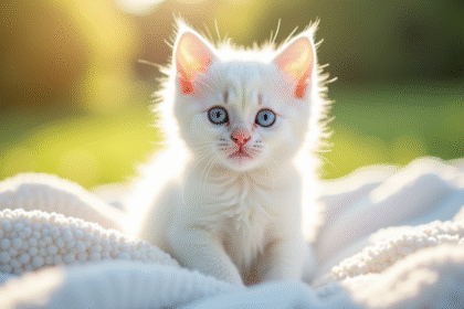 Chaton blanc aux yeux bleus sur une couverture lumineuse