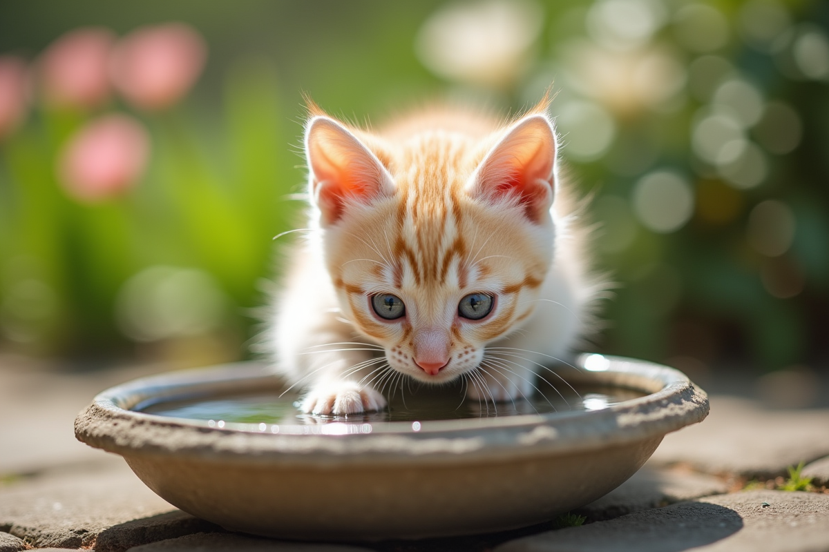 Chaton crème buvant de l
