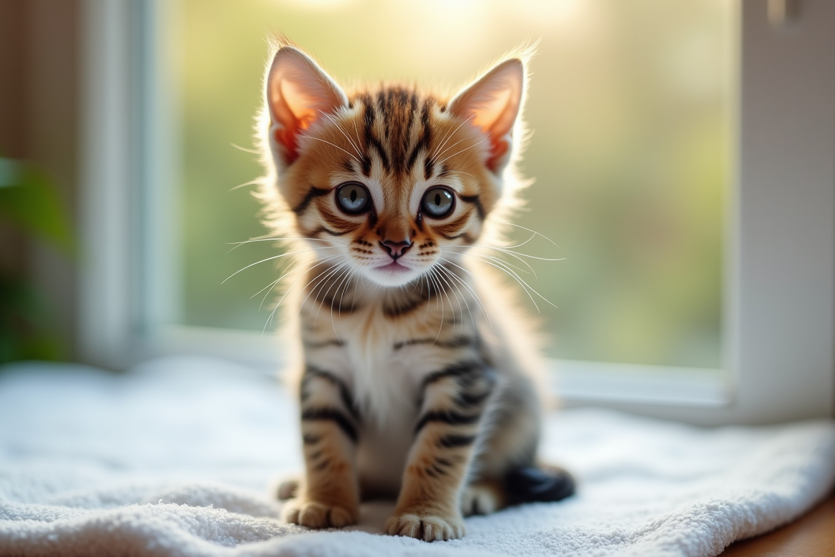 Petit chaton mouille sur une serviette blanche près d'une fenêtre