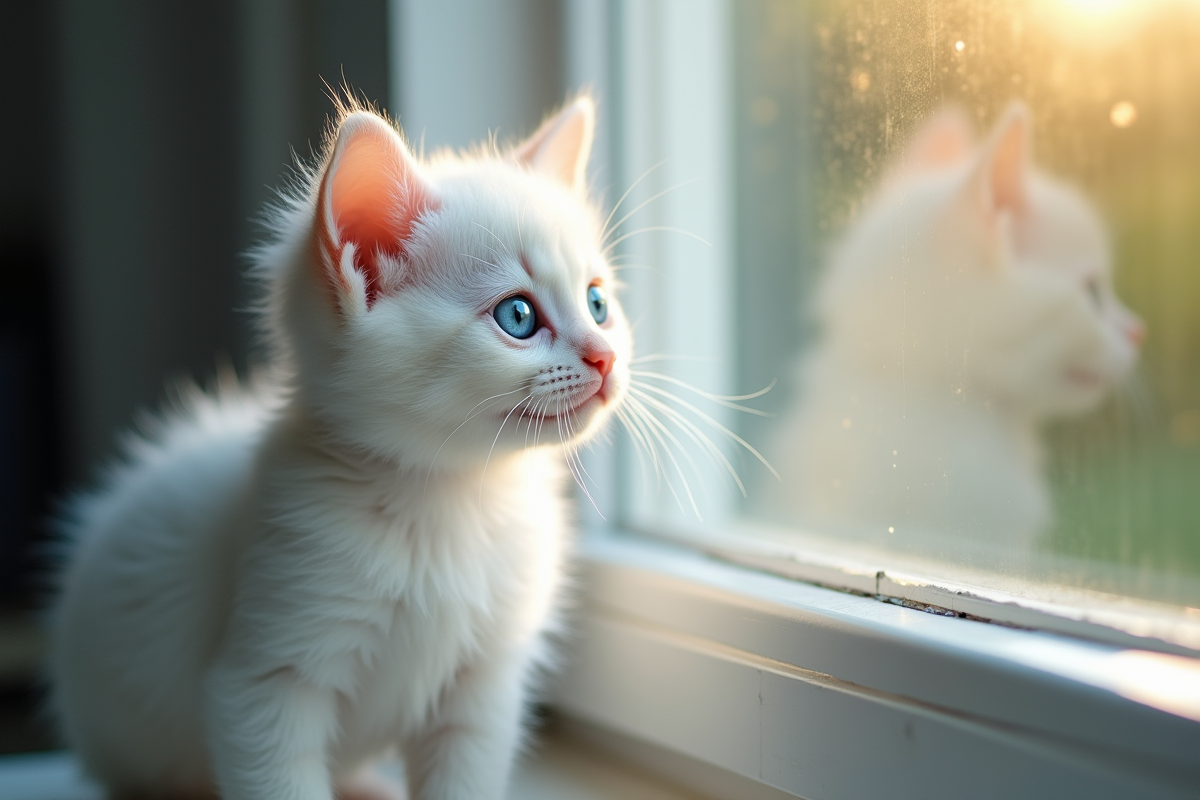 Chaton blanc regardant par la fenêtre avec yeux bleus