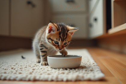 Chaton tigré curieux buvant dans un bol en céramique