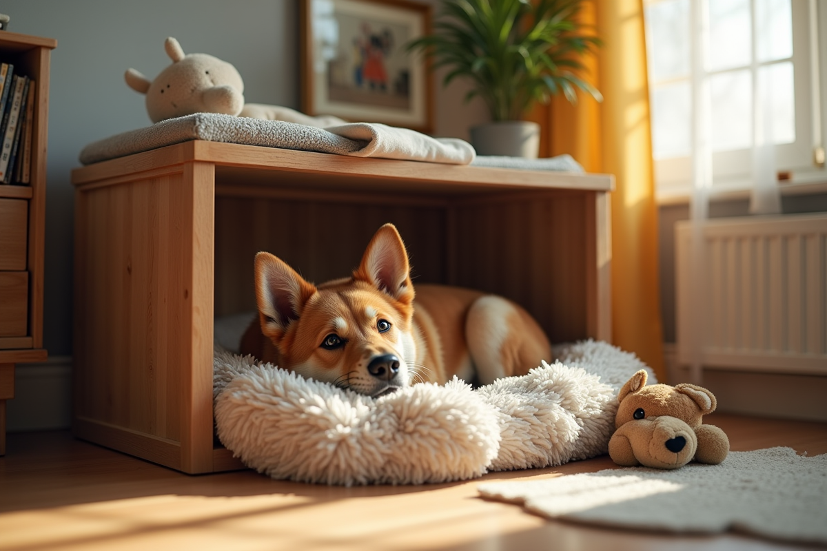 Chien heureux dans une cage de salon bien conçue avec jouets