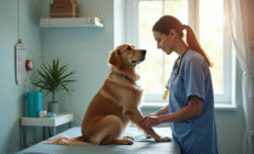 Golden retriever chez le vétérinaire lors d'un examen