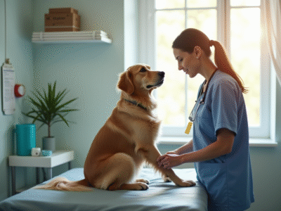 Golden retriever chez le vétérinaire lors d'un examen
