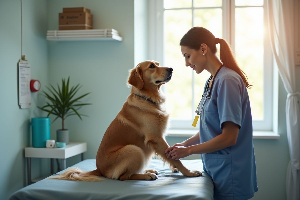 Golden retriever chez le vétérinaire lors d'un examen