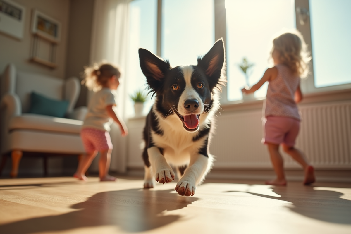Chien border collie et australian shepherd jouant avec des enfants dans un salon lumineux