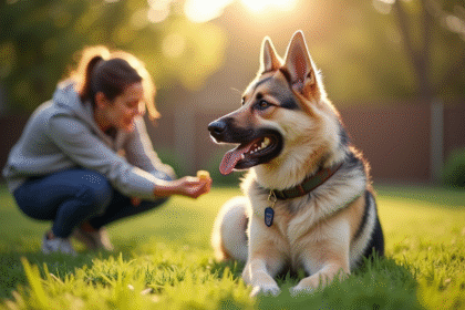 Chien mix German Shepherd et Husky assis dans le jardin ensoleille