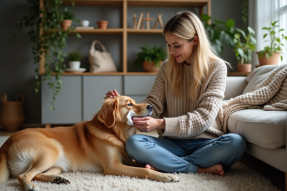 Chien retriever doré reposant sur les genoux d'une femme