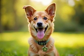 Jeune chienne souriante portant collier avec nom V dans un parc ensoleille