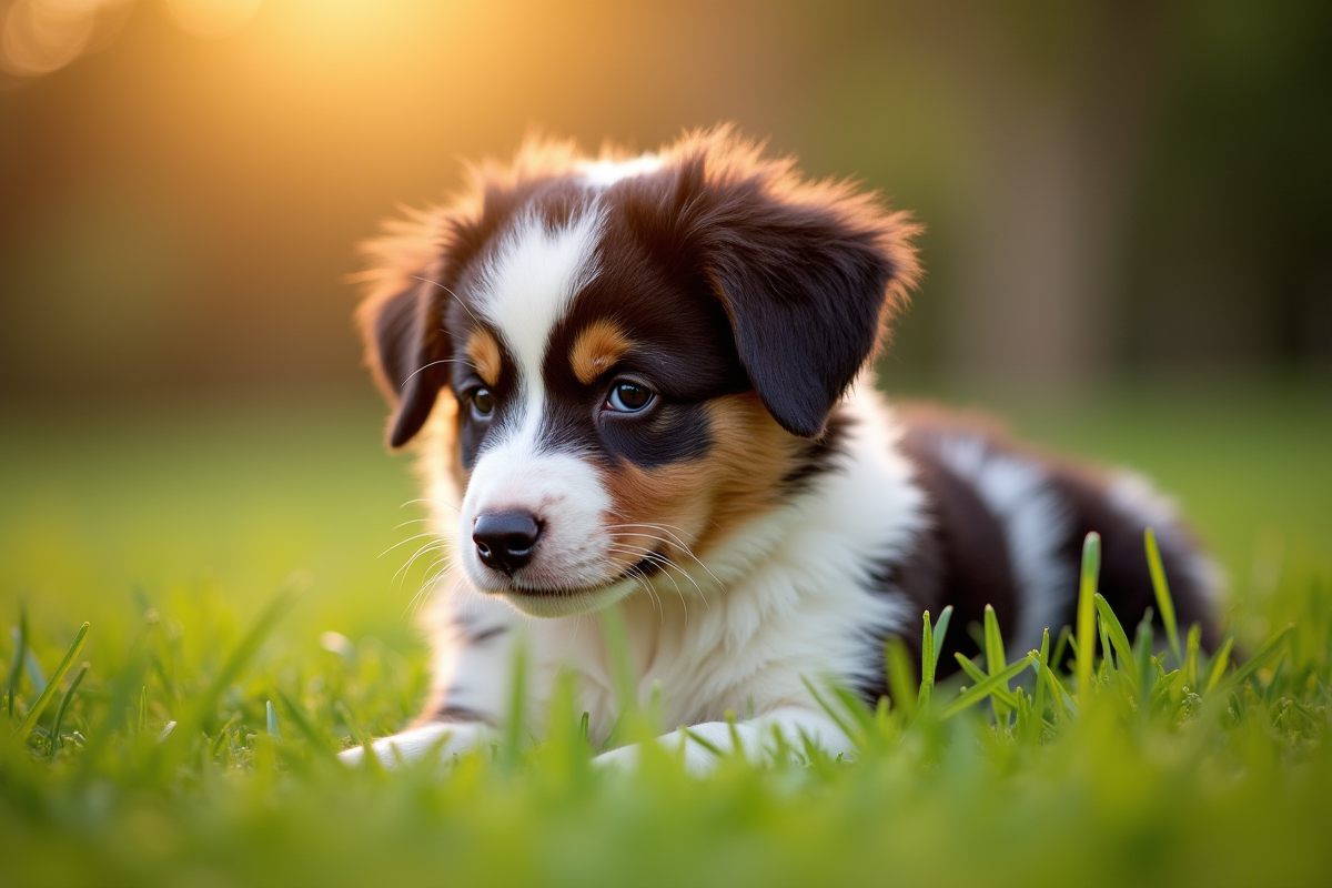 Chiot australien dans un jardin vert au lever du soleil