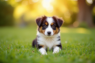 Chiot Australian Shepherd dans un jardin ensoleille