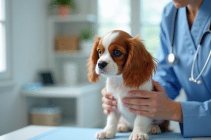 Chiot cavalier king charles examiné par un vétérinaire dans une clinique lumineuse