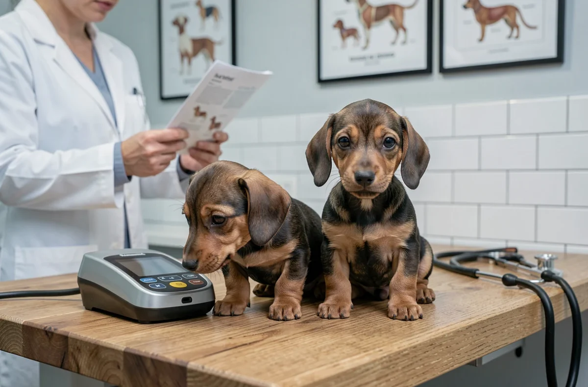 Deux chiots teckels nains chez le vétérinaire avec scanner de puce et documents de santé illustrant le prix d'un élevage responsable