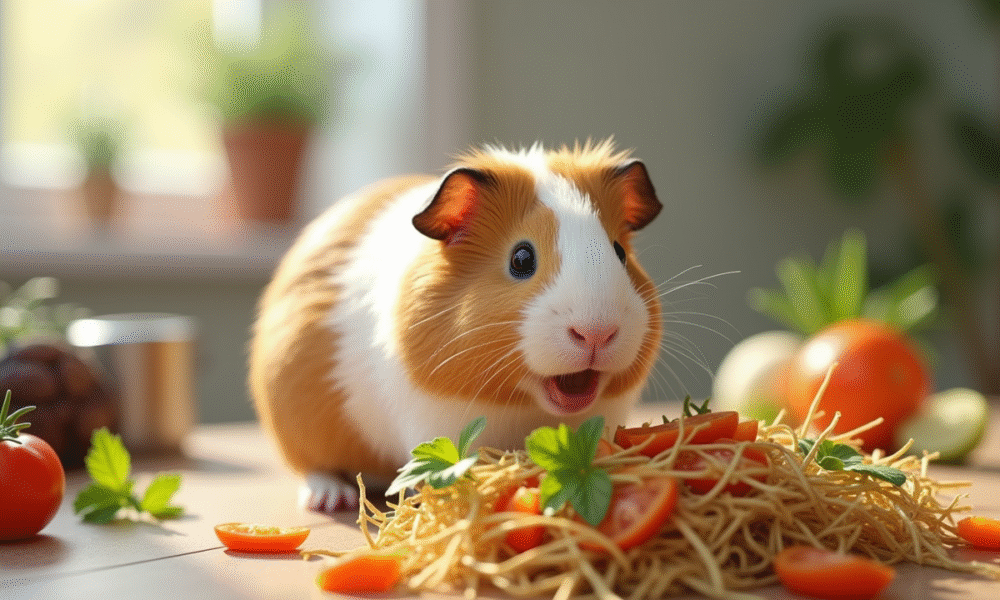 Cochon d'Inde mangeant des légumes frais dans une cuisine lumineuse