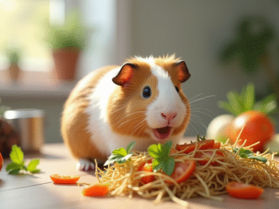 Cochon d'Inde mangeant des légumes frais dans une cuisine lumineuse