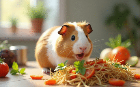 Cochon d'Inde mangeant des légumes frais dans une cuisine lumineuse