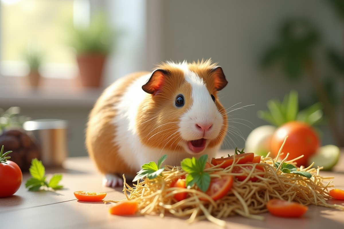 Cochon d'Inde mangeant des légumes frais dans une cuisine lumineuse
