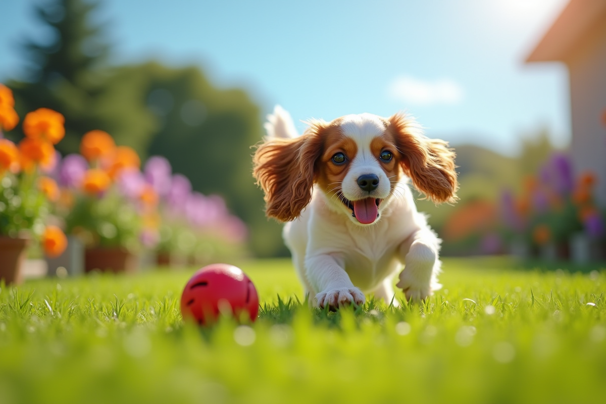 Cocker spaniel jouant dans le jardin ensoleille avec balle rouge