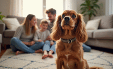 Cocker spaniel assis dans un salon avec famille lumineuse
