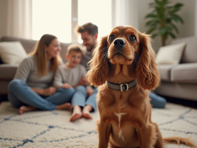 Cocker spaniel assis dans un salon avec famille lumineuse