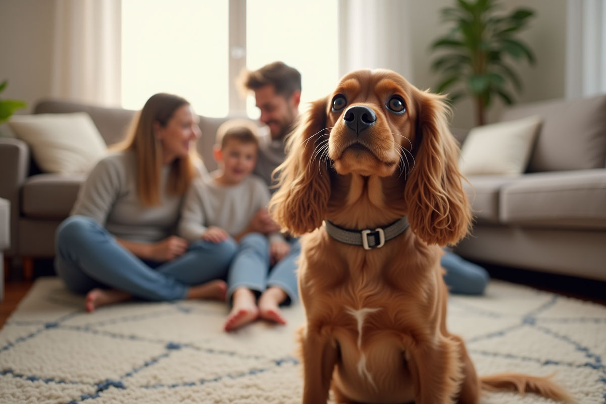 Cocker spaniel assis dans un salon avec famille lumineuse