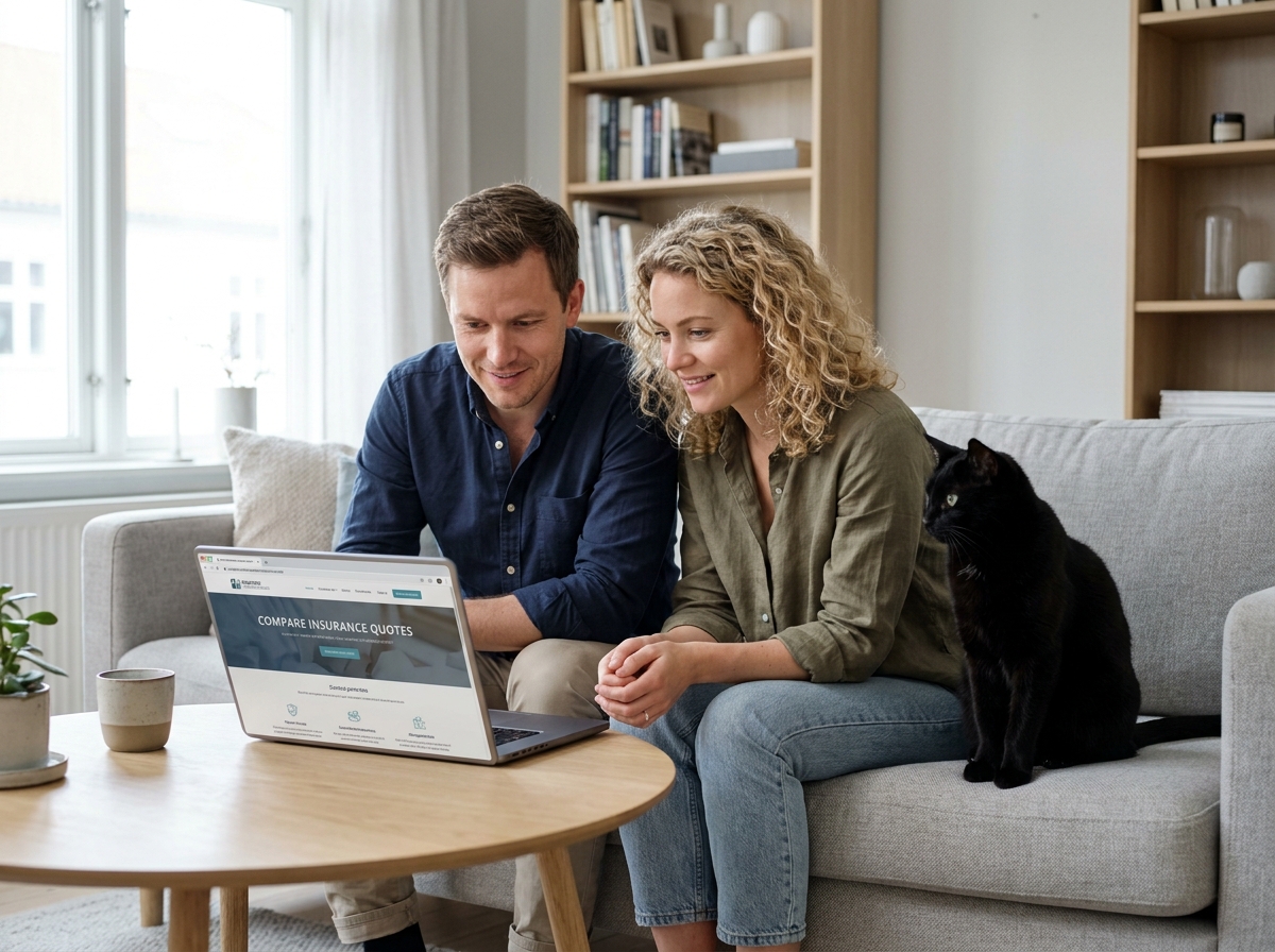 Couple comparant des offres de mutuelle pour chat sur ordinateur portable dans leur salon moderne