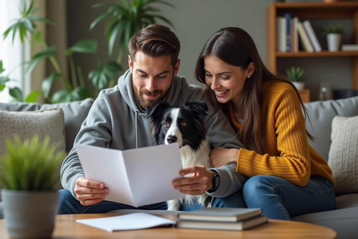 Couple avec leur chien border collie dans un salon moderne