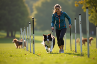 Femme athletique guide un chien d agility dans un parc
